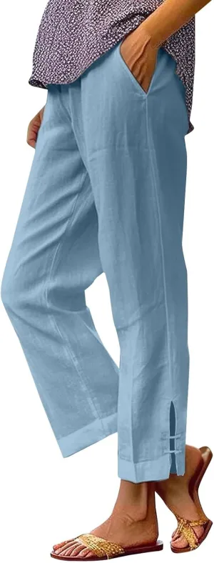 Eco-Friendly Linen Pants Women Elastic Waist Straight Leg Lightweight Beach Yoga Trousers with Slits