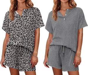 Ekouaer 2 Pack Womens Pajama Sets Short Sleeve Top with Shorts Soft Comfy Loungewear Sleepwear S-XXL
