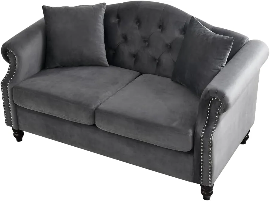 Elegant Classic Chesterfield Sofa with Velvet Upholstery, Handcrafted Nailhead Trim, Tufted Button Design, Solid Wood Frame for Living Room, Office, or Bedroom Furniture (Grey,Loveseat)