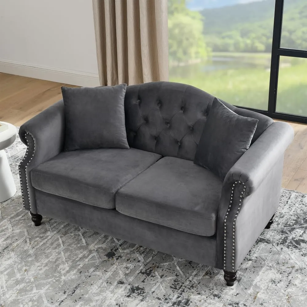 Elegant Classic Chesterfield Sofa with Velvet Upholstery, Handcrafted Nailhead Trim, Tufted Button Design, Solid Wood Frame for Living Room, Office, or Bedroom Furniture (Grey,Loveseat)
