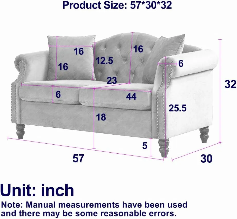 Elegant Classic Chesterfield Sofa with Velvet Upholstery, Handcrafted Nailhead Trim, Tufted Button Design, Solid Wood Frame for Living Room, Office, or Bedroom Furniture (Grey,Loveseat)