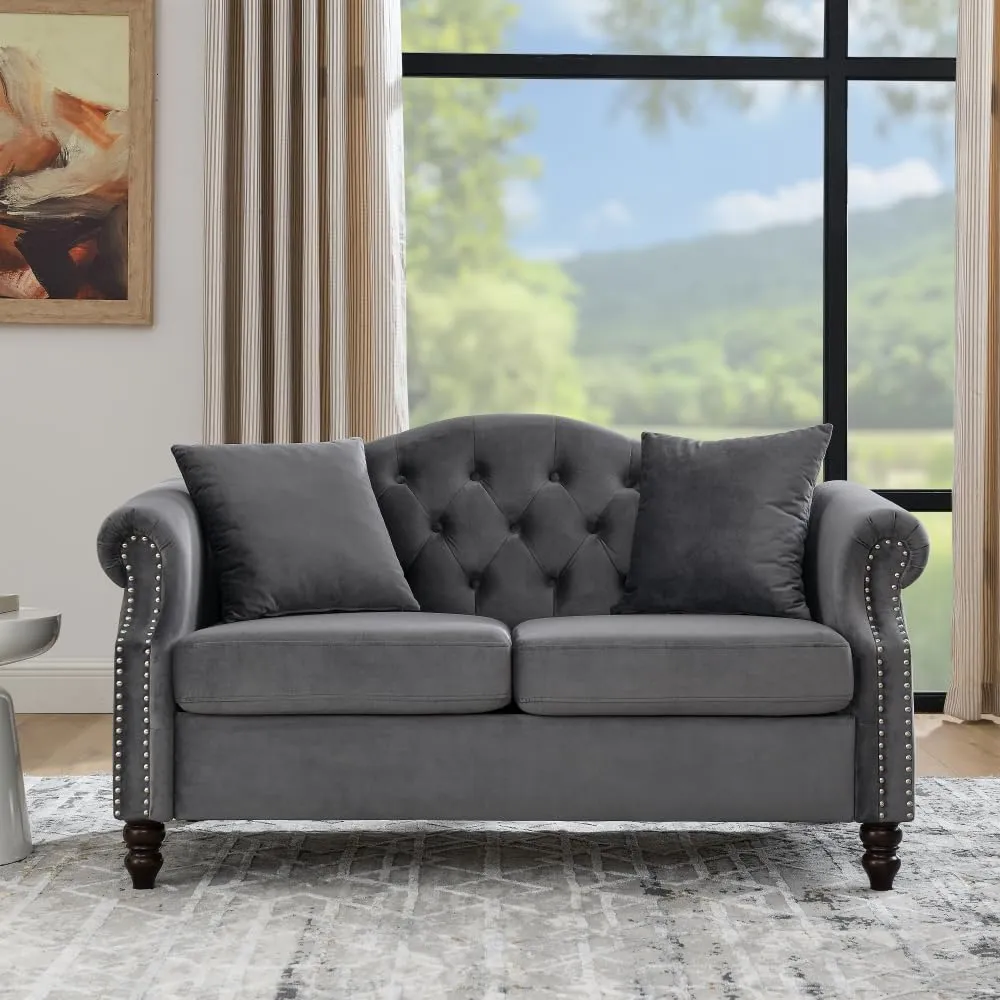 Elegant Classic Chesterfield Sofa with Velvet Upholstery, Handcrafted Nailhead Trim, Tufted Button Design, Solid Wood Frame for Living Room, Office, or Bedroom Furniture (Grey,Loveseat)
