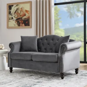 Elegant Classic Chesterfield Sofa with Velvet Upholstery, Handcrafted Nailhead Trim, Tufted Button Design, Solid Wood Frame for Living Room, Office, or Bedroom Furniture (Grey,Loveseat)