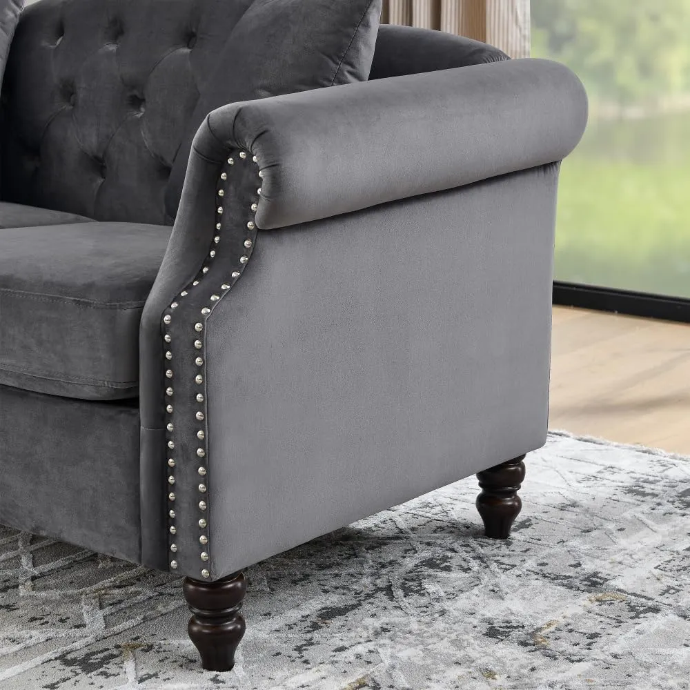 Elegant Classic Chesterfield Sofa with Velvet Upholstery, Handcrafted Nailhead Trim, Tufted Button Design, Solid Wood Frame for Living Room, Office, or Bedroom Furniture (Grey,Loveseat)