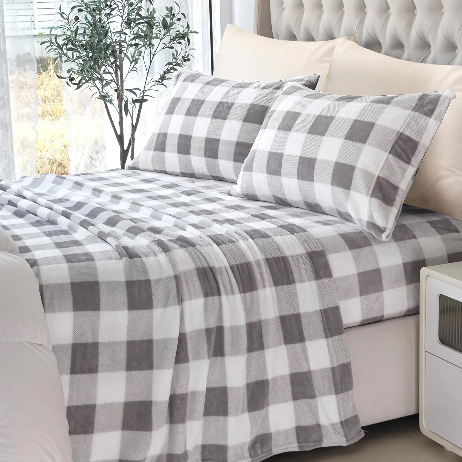 Elegant Comfort Luxuriously Soft 4-Piece Velvet Plush Flannel Sheet Set - Premium Quality - Cozy Warm, Anti-Static, Non Pilling Fuzzy Velvet Flannel Fleece Deep Pocket Sheet Set - King, Buffalo Gray