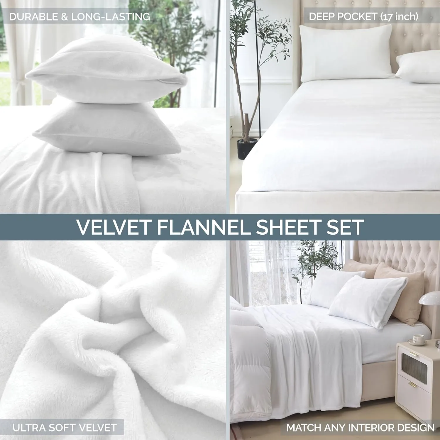 Elegant Comfort Luxuriously Soft 4-Piece Velvet Plush Flannel Sheet Set - Premium Quality - Cozy Warm, Anti-Static, Non Pilling Fuzzy Velvet Flannel Fleece Deep Pocket Sheet Set - King, Buffalo Gray