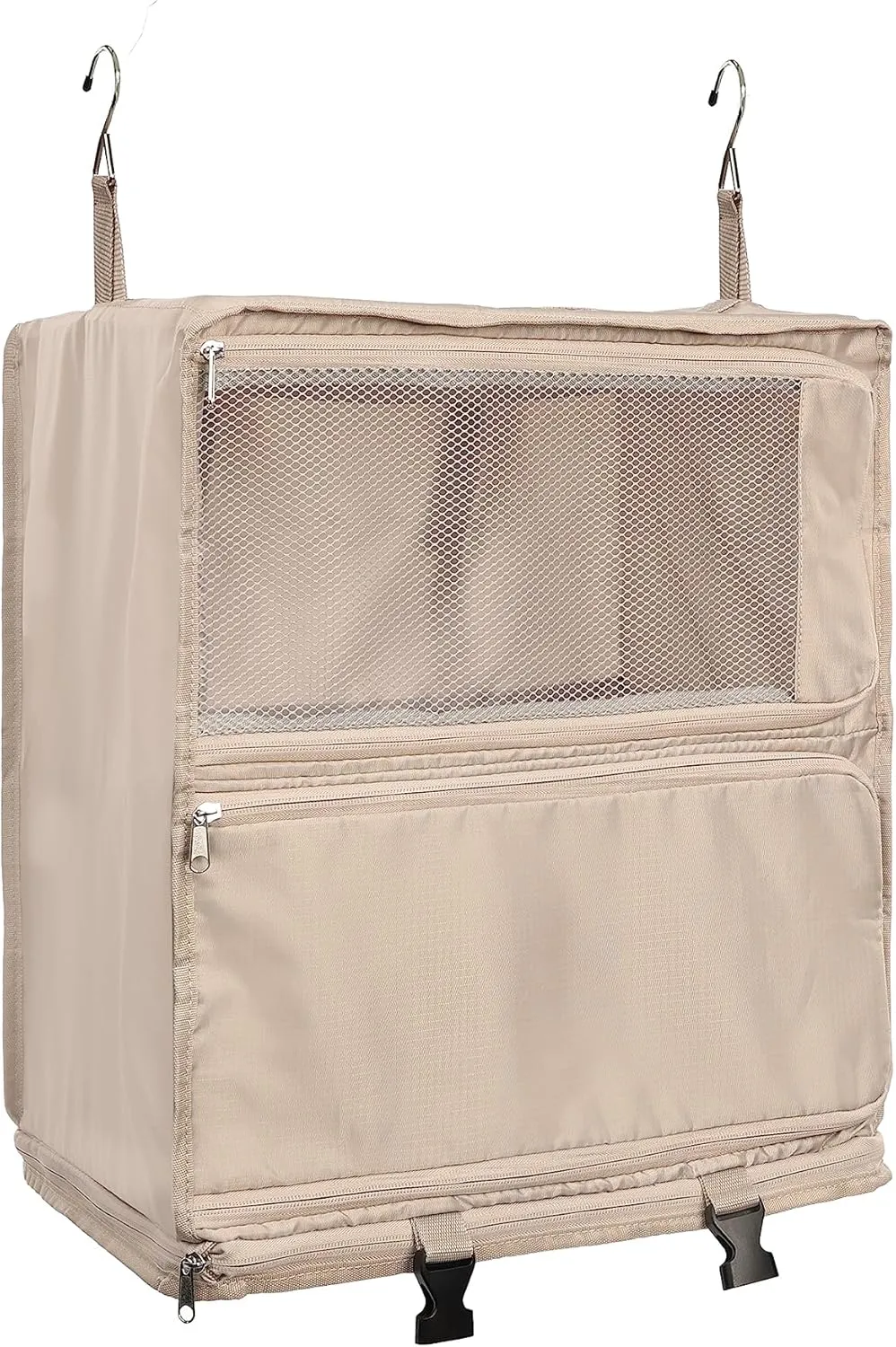 ELEZAY Hanging Packing Cubes Portable Closet 3-Shelf Travel Collapsible Compression Garment Organizer for Carry-on Luggage Suitcase Space Saver Bag XX-Large_No Side Pockets, Beige