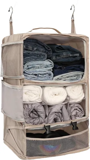 ELEZAY Hanging Packing Cubes Portable Closet 3-Shelf Travel Collapsible Compression Garment Organizer for Carry-on Luggage Suitcase Space Saver Bag XX-Large_No Side Pockets, Beige
