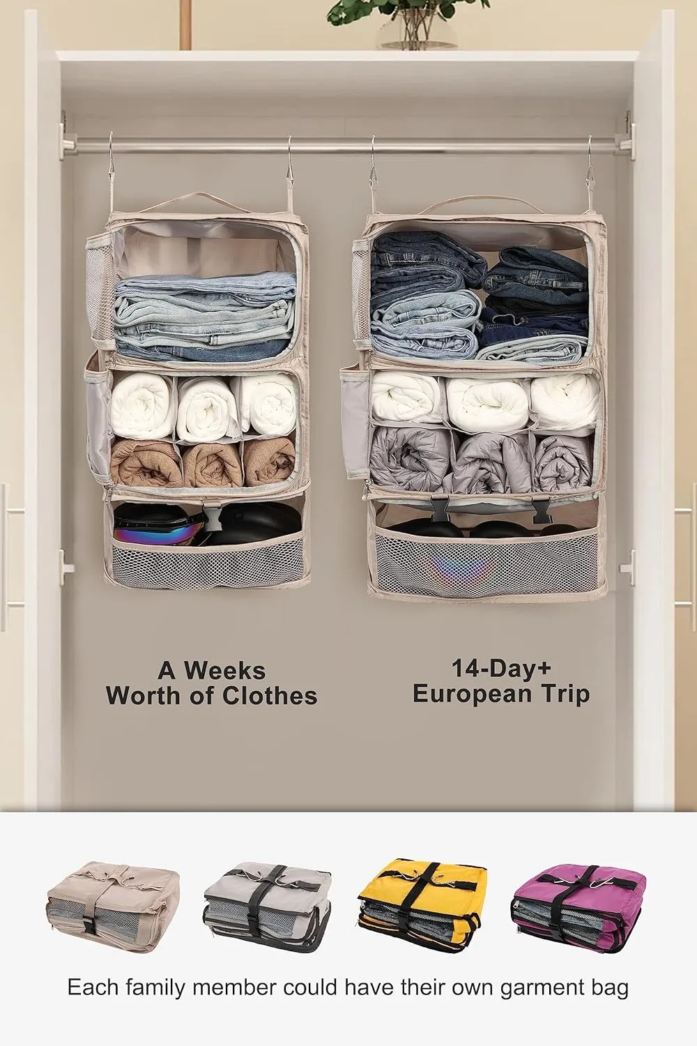 ELEZAY Hanging Packing Cubes Portable Closet 3-Shelf Travel Collapsible Compression Garment Organizer for Carry-on Luggage Suitcase Space Saver Bag XX-Large_No Side Pockets, Beige