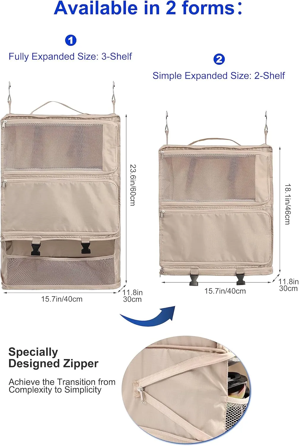 ELEZAY Hanging Packing Cubes Portable Closet 3-Shelf Travel Collapsible Compression Garment Organizer for Carry-on Luggage Suitcase Space Saver Bag XX-Large_No Side Pockets, Beige