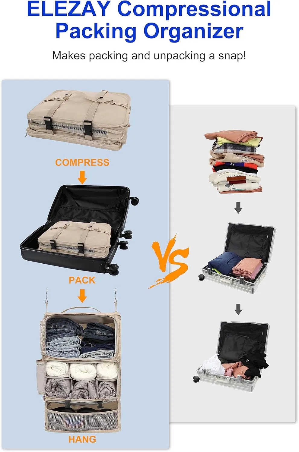 ELEZAY Hanging Packing Cubes Portable Closet 3-Shelf Travel Collapsible Compression Garment Organizer for Carry-on Luggage Suitcase Space Saver Bag XX-Large_No Side Pockets, Beige