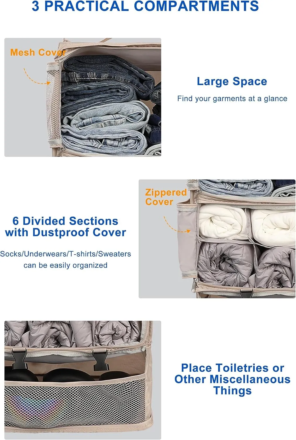 ELEZAY Hanging Packing Cubes Portable Closet 3-Shelf Travel Collapsible Compression Garment Organizer for Carry-on Luggage Suitcase Space Saver Bag XX-Large_No Side Pockets, Beige