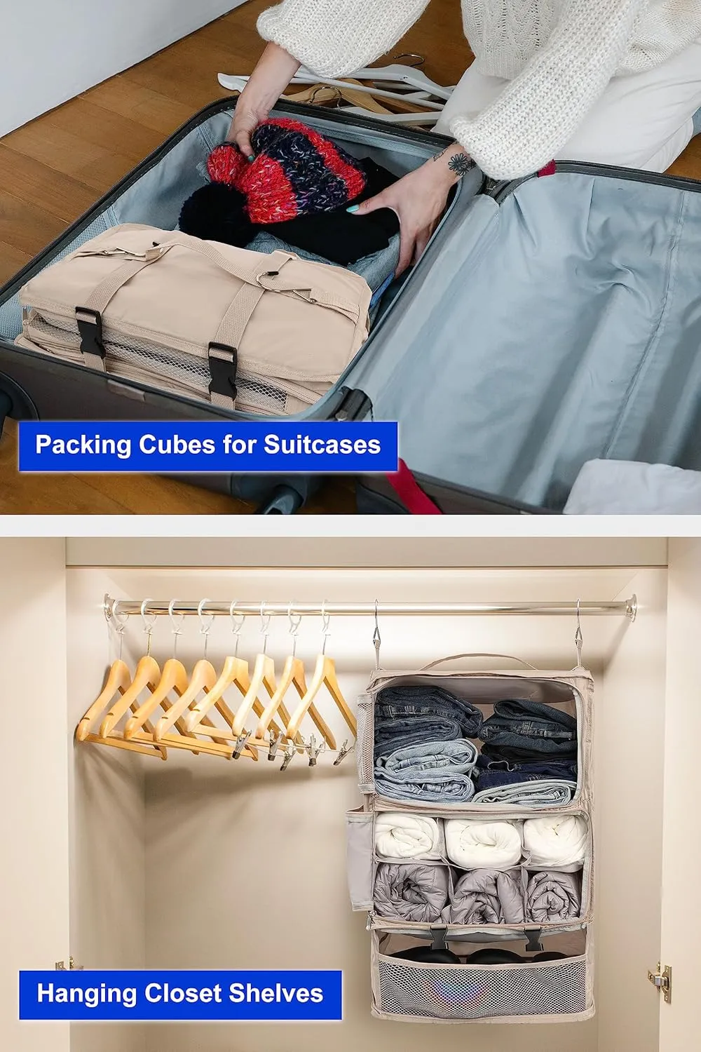 ELEZAY Hanging Packing Cubes Portable Closet 3-Shelf Travel Collapsible Compression Garment Organizer for Carry-on Luggage Suitcase Space Saver Bag XX-Large_No Side Pockets, Beige