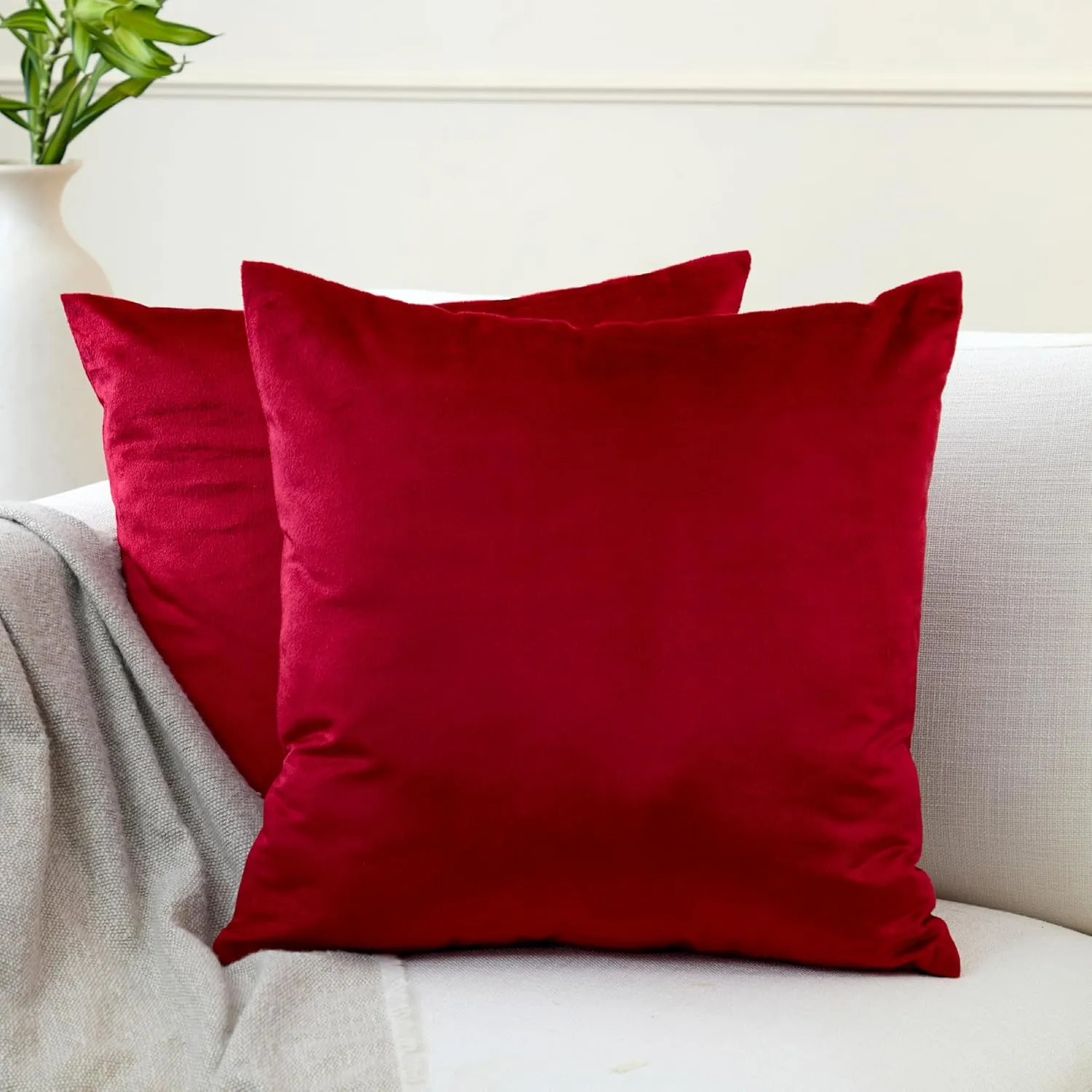 Encasa XO Velvet Throw Pillow Covers 18x18 in (45x45 cm) - Red - Set of 2 No Inserts, Only Pack of 2 Cases | Soft Square Decorative Euro Shams Cushion Cover for Couch, Sofa