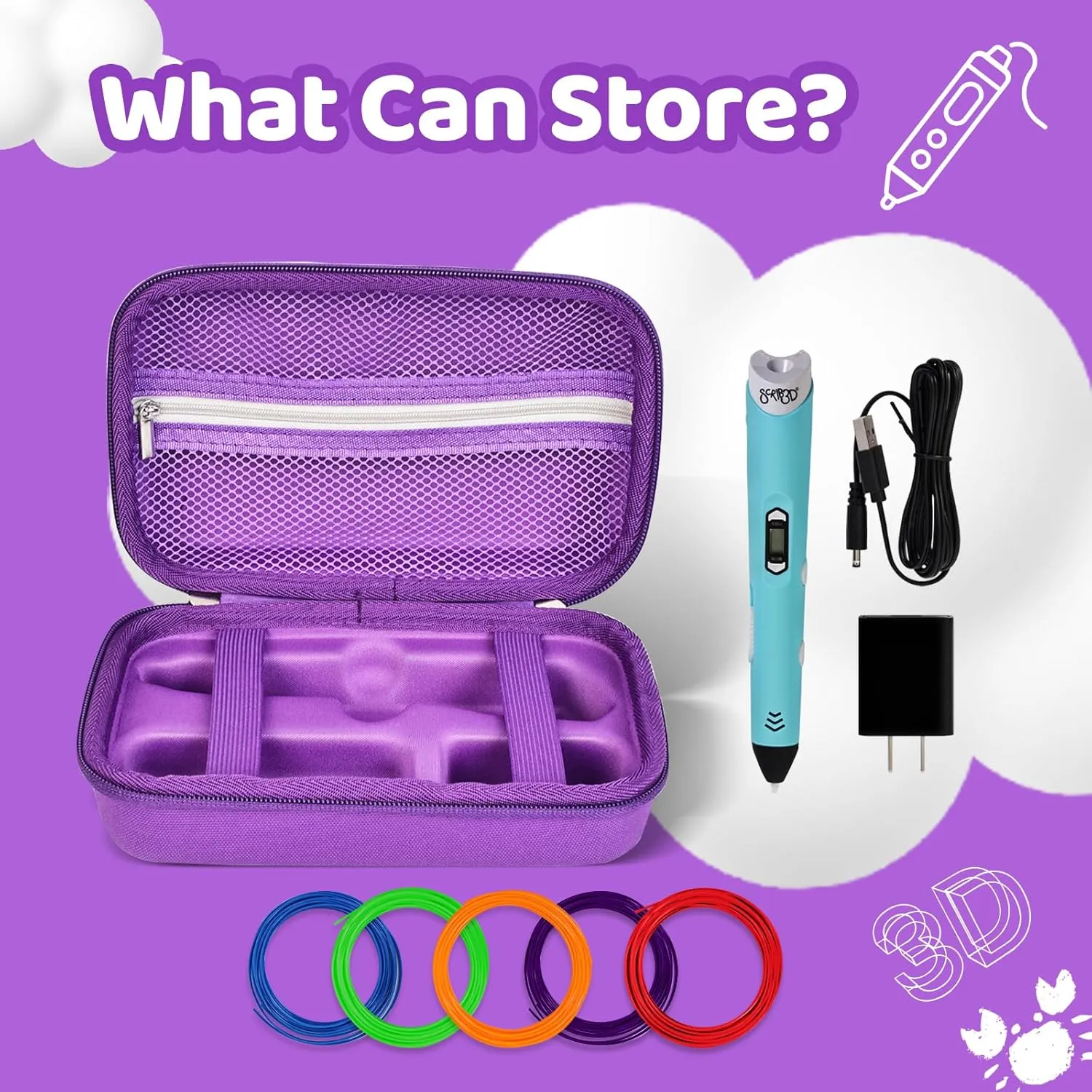EVA Storage Case Compatible with SCRIB3D P1 3D Printing Pen Set, Portable Travel Bag for 3D Pen, Refills and Cables (Purple)