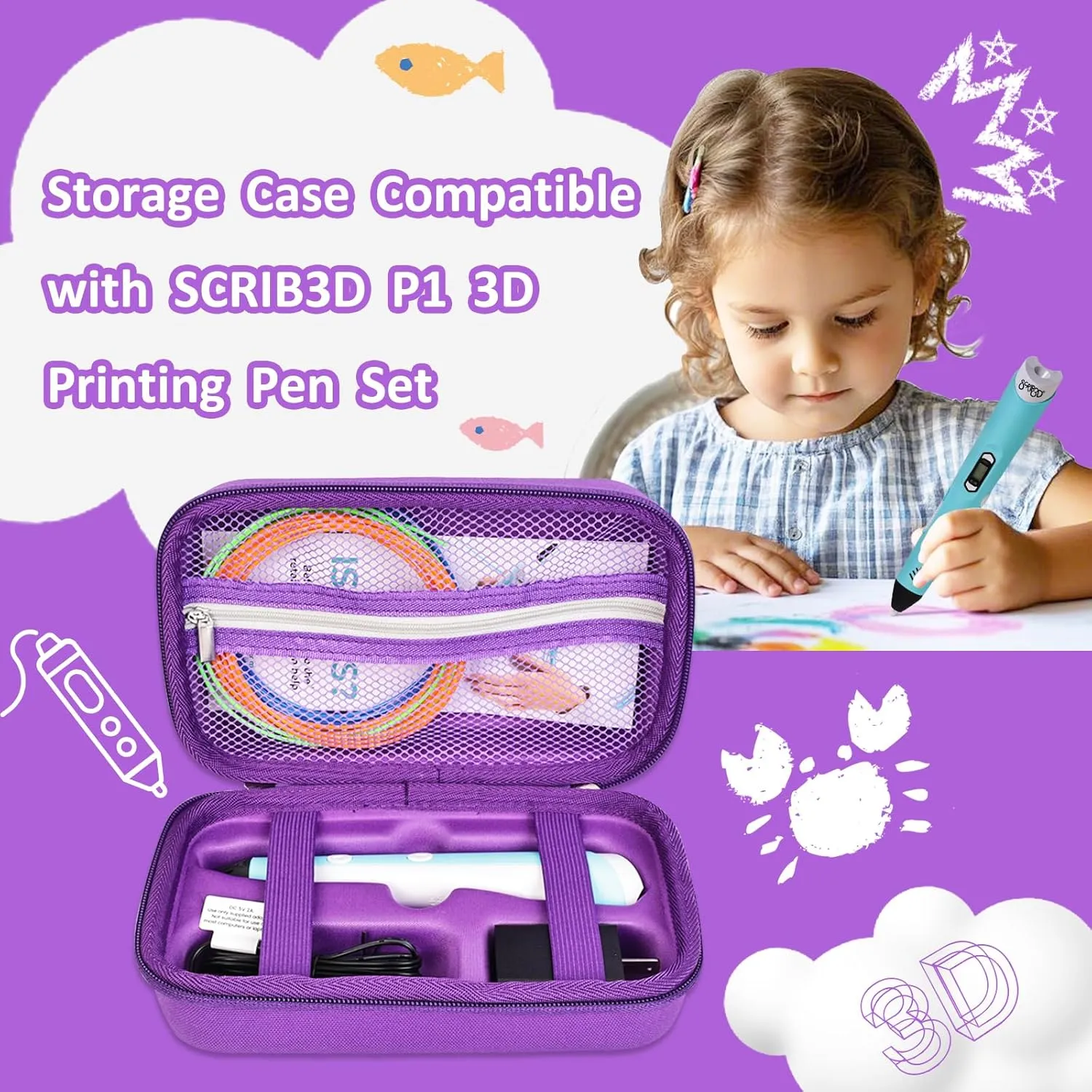 EVA Storage Case Compatible with SCRIB3D P1 3D Printing Pen Set, Portable Travel Bag for 3D Pen, Refills and Cables (Purple)