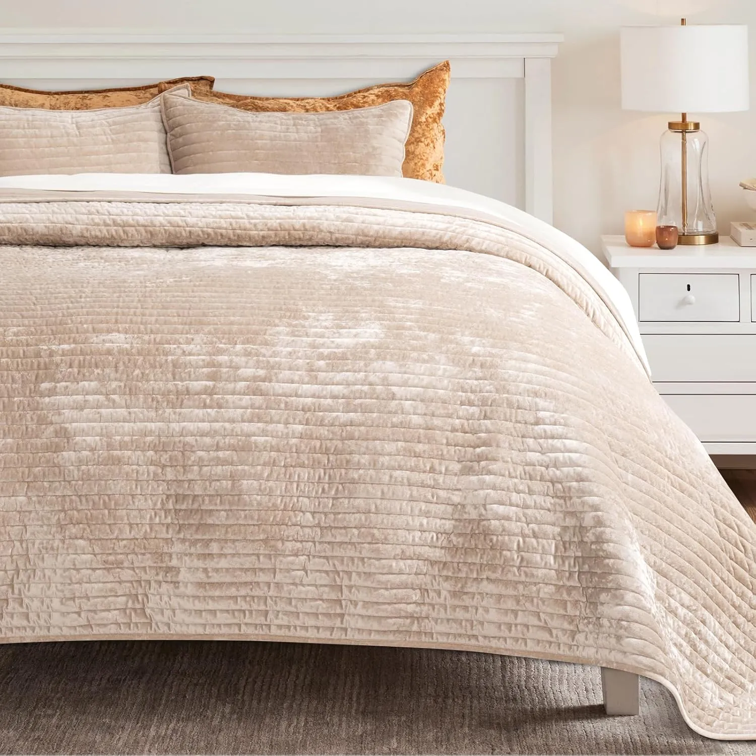 EVERGRACE Velvet Quilt Set King Size, Luxurious Soft Striped Channel Bedding Set, Lightweight Velvet Comforter for All Season, Oversized Bedspread Coverlet with 2 Matching Shams, Beige Taupe
