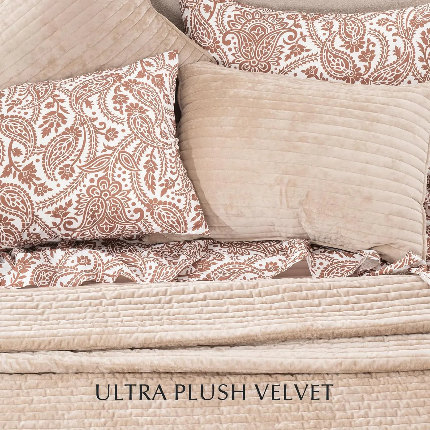 EVERGRACE Velvet Quilt Set King Size, Luxurious Soft Striped Channel Bedding Set, Lightweight Velvet Comforter for All Season, Oversized Bedspread Coverlet with 2 Matching Shams, Beige Taupe