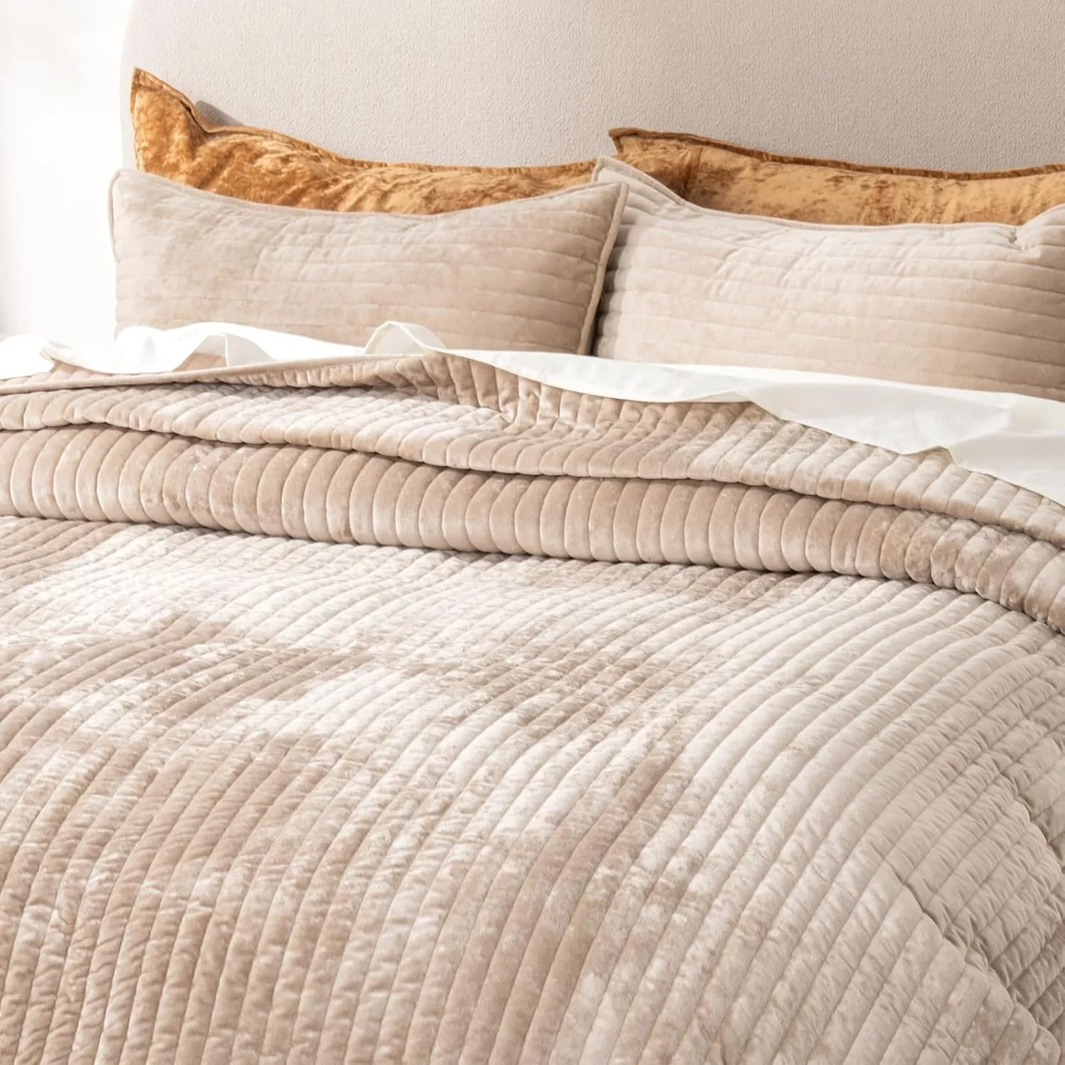 EVERGRACE Velvet Quilt Set King Size, Luxurious Soft Striped Channel Bedding Set, Lightweight Velvet Comforter for All Season, Oversized Bedspread Coverlet with 2 Matching Shams, Beige Taupe
