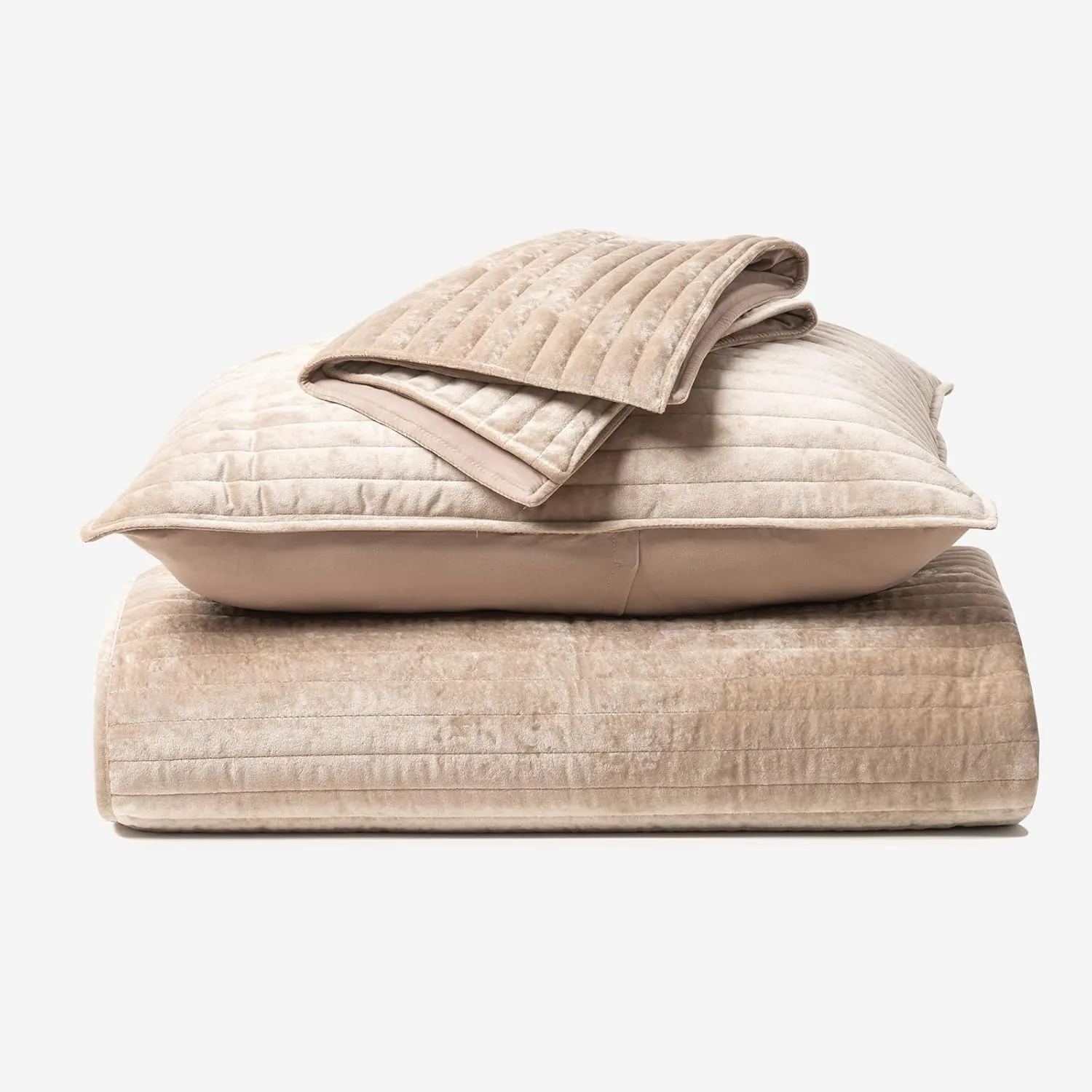 EVERGRACE Velvet Quilt Set King Size, Luxurious Soft Striped Channel Bedding Set, Lightweight Velvet Comforter for All Season, Oversized Bedspread Coverlet with 2 Matching Shams, Beige Taupe