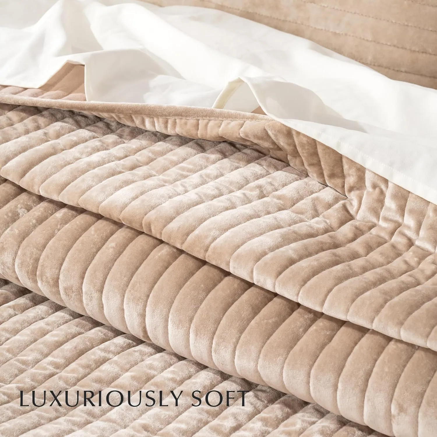 EVERGRACE Velvet Quilt Set King Size, Luxurious Soft Striped Channel Bedding Set, Lightweight Velvet Comforter for All Season, Oversized Bedspread Coverlet with 2 Matching Shams, Beige Taupe