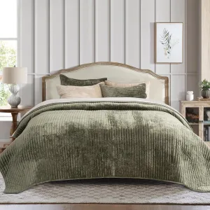 EVERGRACE Velvet Quilt Set Queen Size, Luxurious Soft Striped Channel Bedding Set, Lightweight Velvet Comforter for All Season, Quilted Bedspread Coverlet with 2 Matching Shams, Olive Green