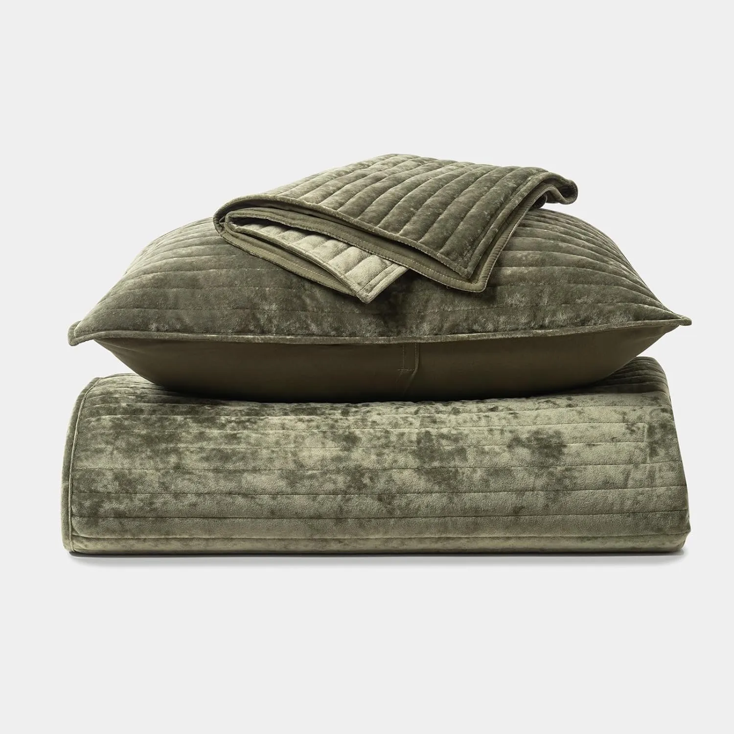 EVERGRACE Velvet Quilt Set Queen Size, Luxurious Soft Striped Channel Bedding Set, Lightweight Velvet Comforter for All Season, Quilted Bedspread Coverlet with 2 Matching Shams, Olive Green