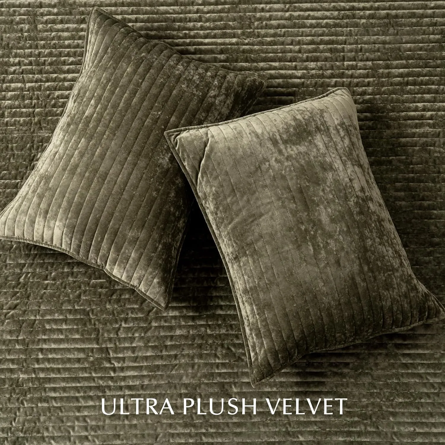 EVERGRACE Velvet Quilt Set Queen Size, Luxurious Soft Striped Channel Bedding Set, Lightweight Velvet Comforter for All Season, Quilted Bedspread Coverlet with 2 Matching Shams, Olive Green
