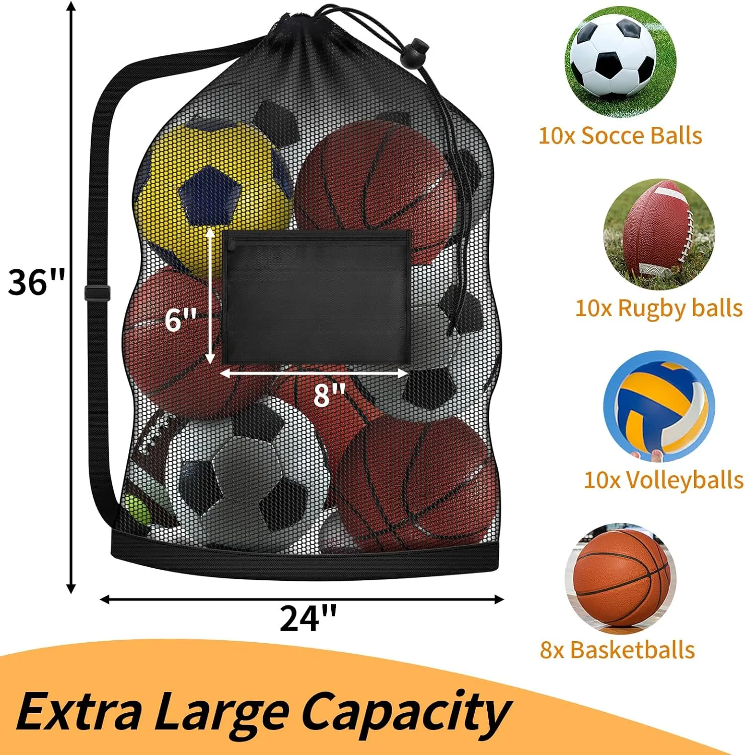 Extra Large Mesh Ball Bag, Heavy Duty Drawstring Storage Bag, 24" x 36" Hold 8-10 Soccer Basketball Volleyball Football, Sports Equipment Sack Net Bags with Shoulder Strap and Pocket for Coaches