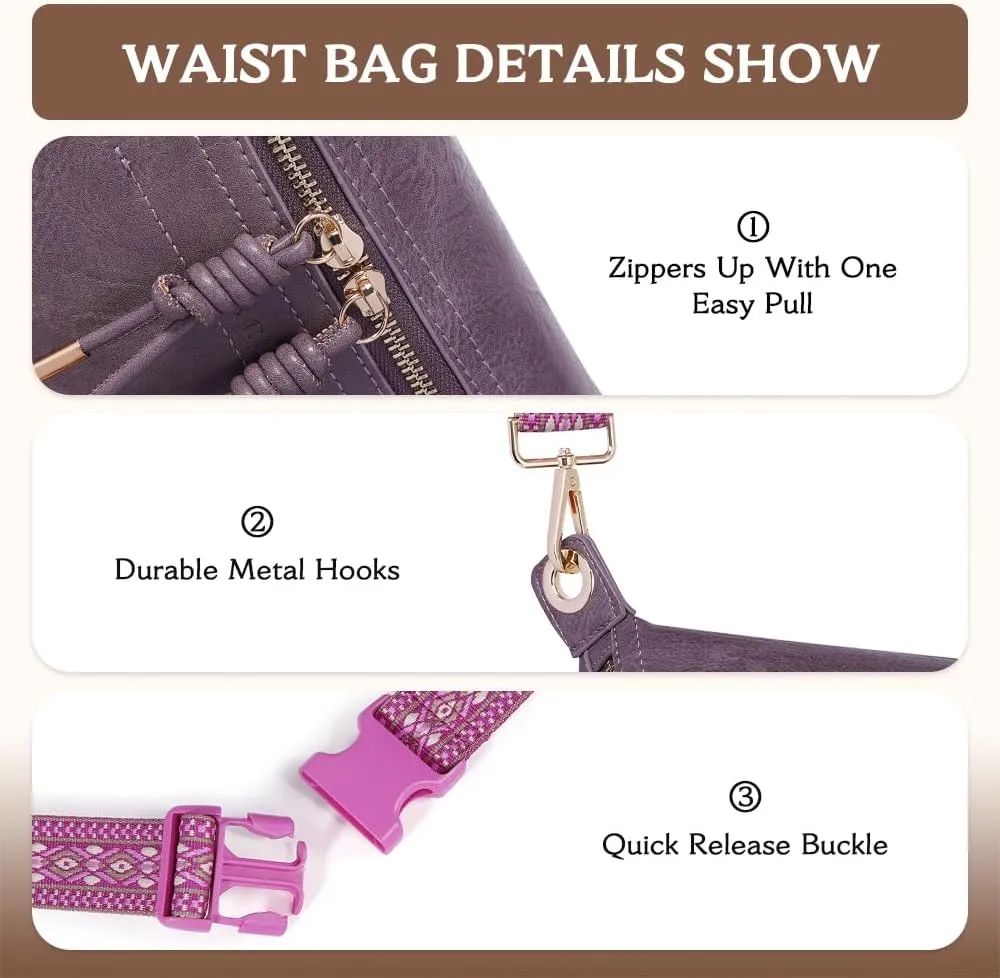 Fanny Pack Crossbody Bags for Women Vegan Leather Belt Bag Waist Pack Causal Chest Bum Bag With 2 Straps Purple