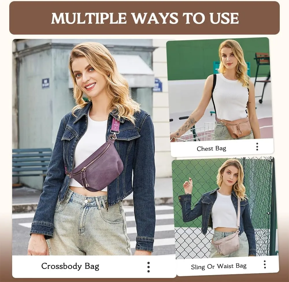 Fanny Pack Crossbody Bags for Women Vegan Leather Belt Bag Waist Pack Causal Chest Bum Bag With 2 Straps Purple
