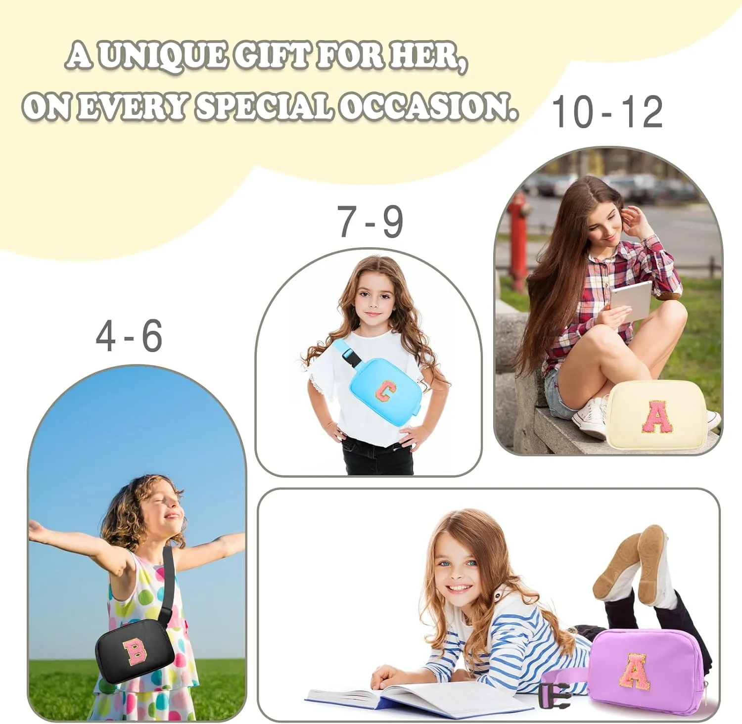 Fanny Pack for Girls Crossbody Bags with Initial Letter Patch Cute Stuff for Women Teens Birthday Gifts for 4 5 6 7 8 9 10 11 12 13 Year Old Girls (A, Cream)