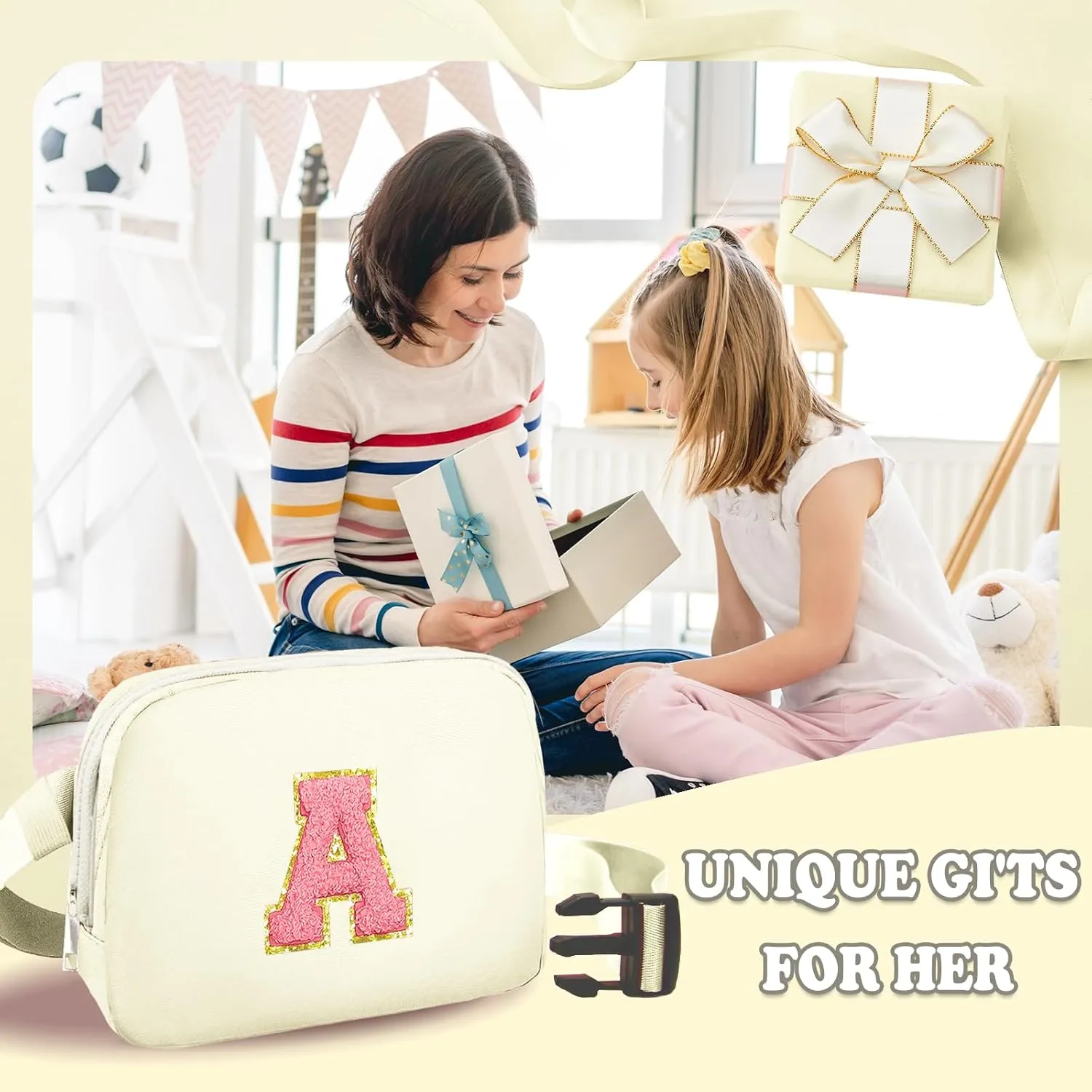 Fanny Pack for Girls Crossbody Bags with Initial Letter Patch Cute Stuff for Women Teens Birthday Gifts for 4 5 6 7 8 9 10 11 12 13 Year Old Girls (A, Cream)