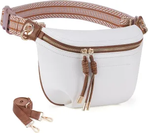 Fanny Pack for Women Vegan Leather Small Belt Bag Crossbody Bag Fashion Waist Pack Chest Bum Bag With 2 Straps White Brown