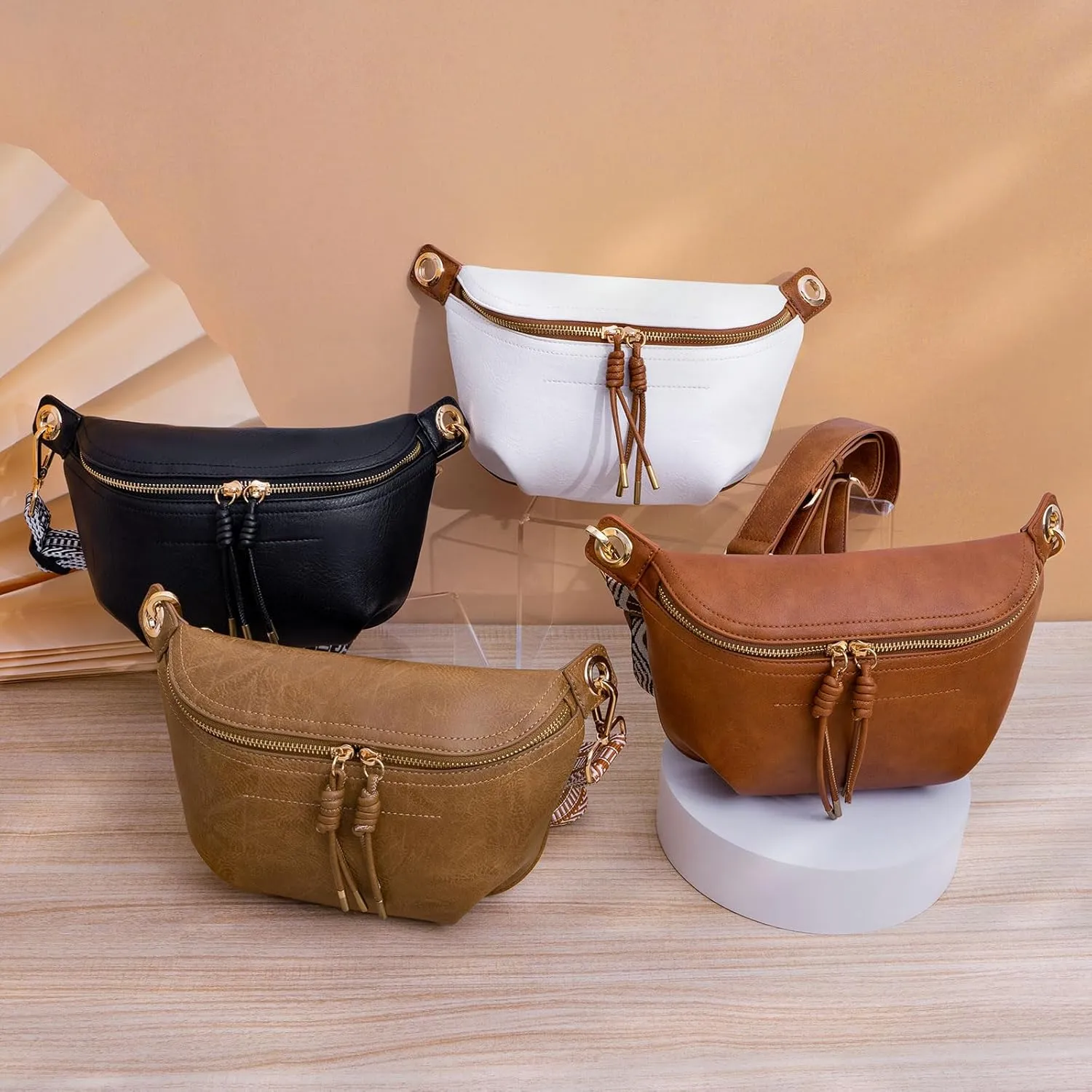 Fanny Pack for Women Vegan Leather Small Belt Bag Crossbody Bag Fashion Waist Pack Chest Bum Bag With 2 Straps White Brown