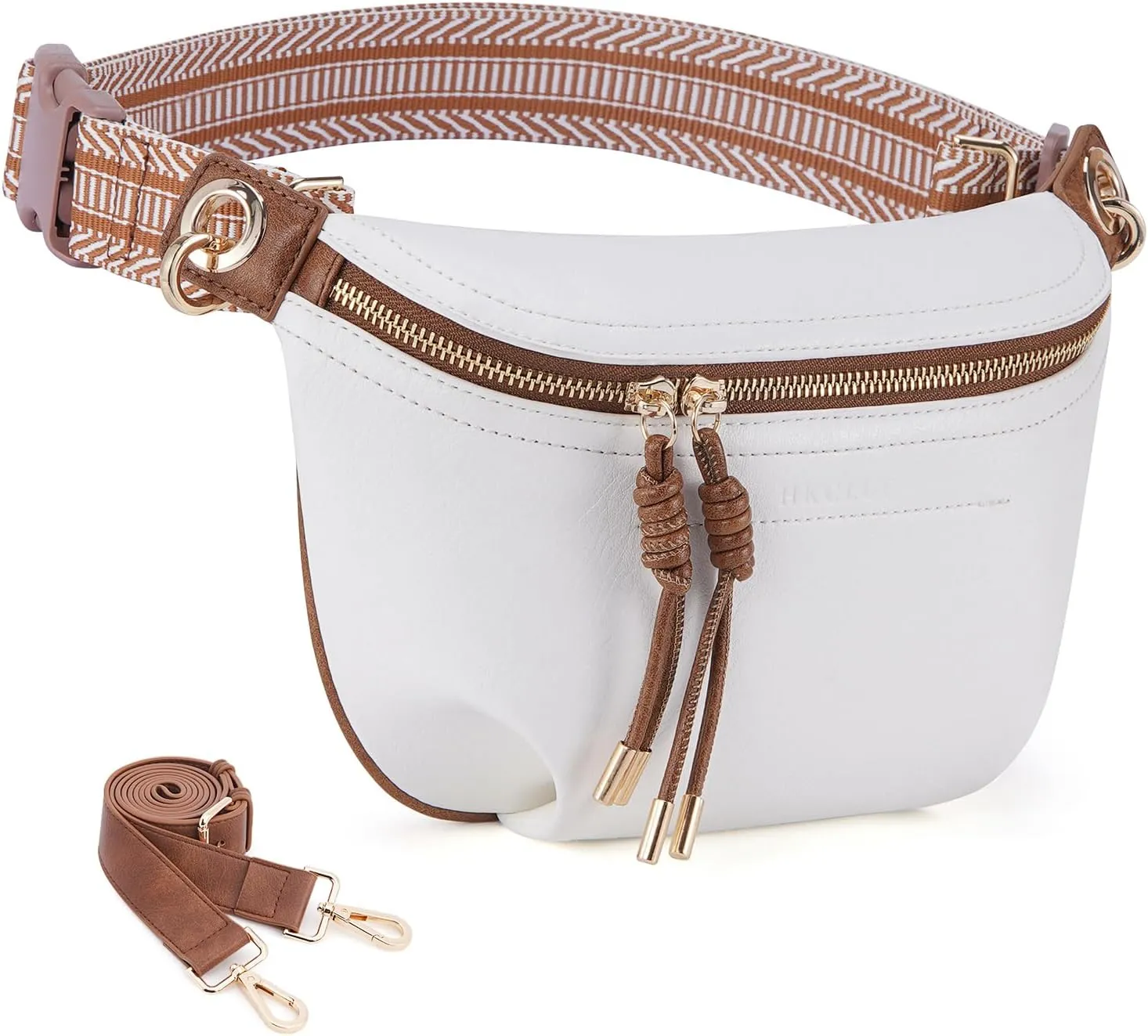 Fanny Pack for Women Vegan Leather Small Belt Bag Crossbody Bag Fashion Waist Pack Chest Bum Bag With 2 Straps White Brown