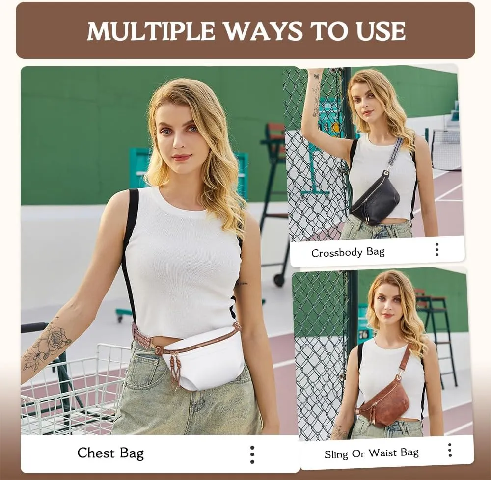 Fanny Pack for Women Vegan Leather Small Belt Bag Crossbody Bag Fashion Waist Pack Chest Bum Bag With 2 Straps White Brown