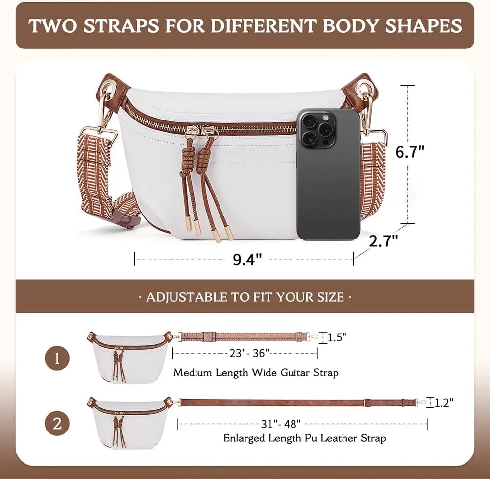 Fanny Pack for Women Vegan Leather Small Belt Bag Crossbody Bag Fashion Waist Pack Chest Bum Bag With 2 Straps White Brown