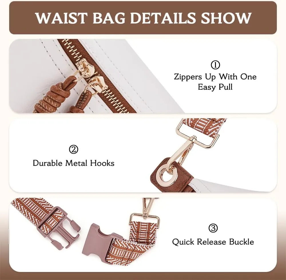 Fanny Pack for Women Vegan Leather Small Belt Bag Crossbody Bag Fashion Waist Pack Chest Bum Bag With 2 Straps White Brown