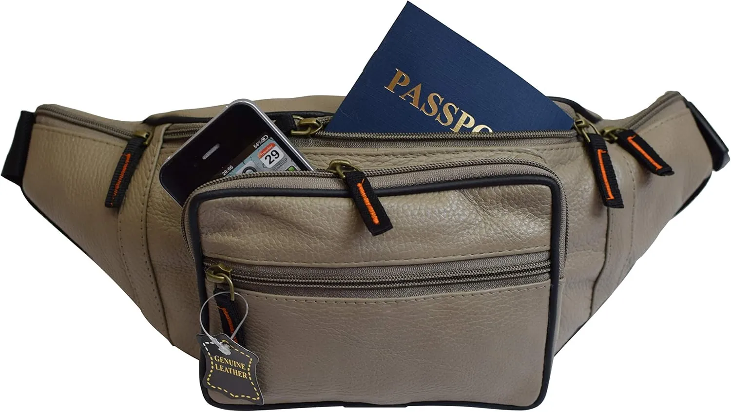 Fanny Pack Waist Bag Genuine Pebbled Leather Travel Hiking Sports Colors (Beige)