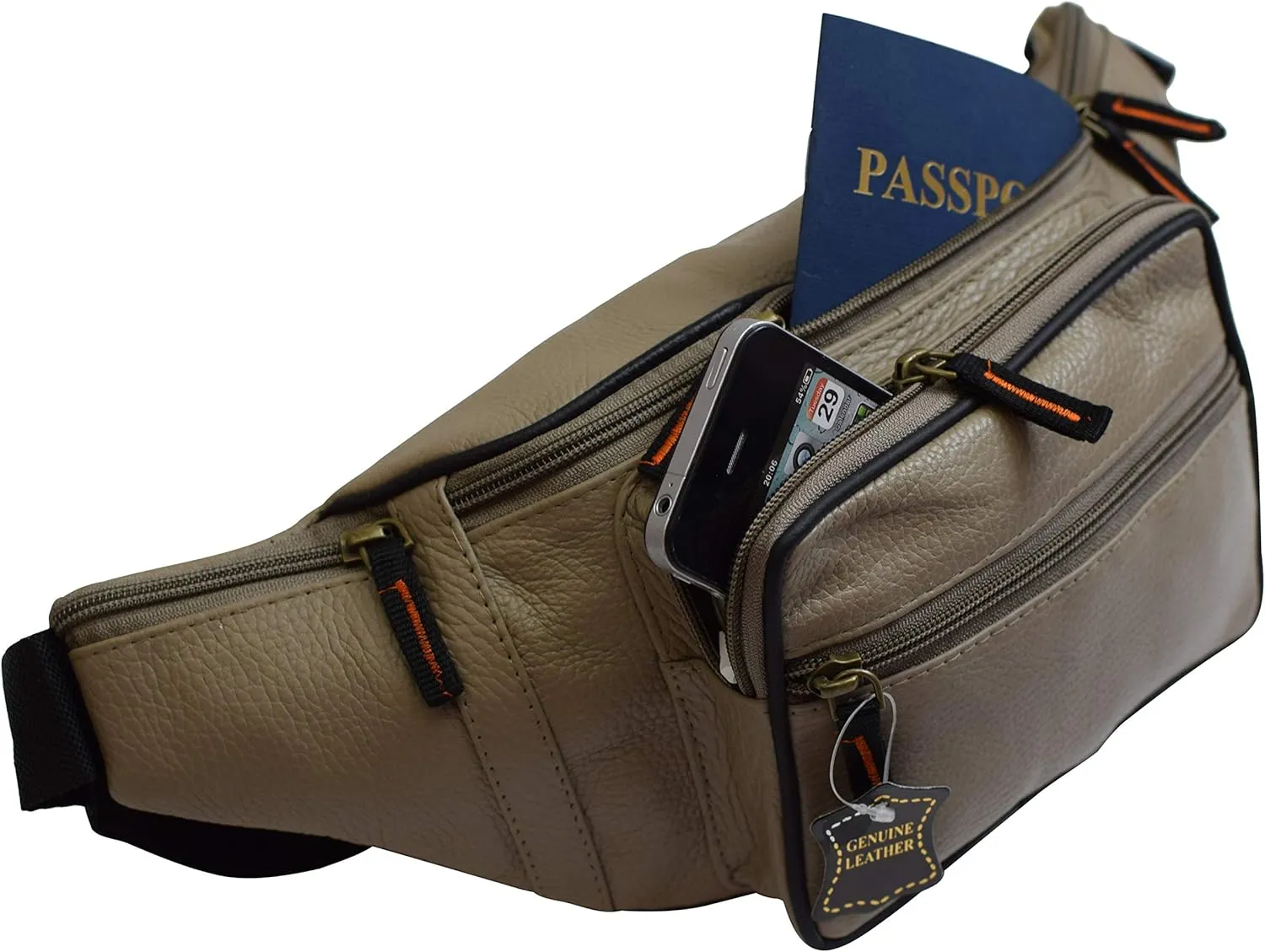 Fanny Pack Waist Bag Genuine Pebbled Leather Travel Hiking Sports Colors (Beige)