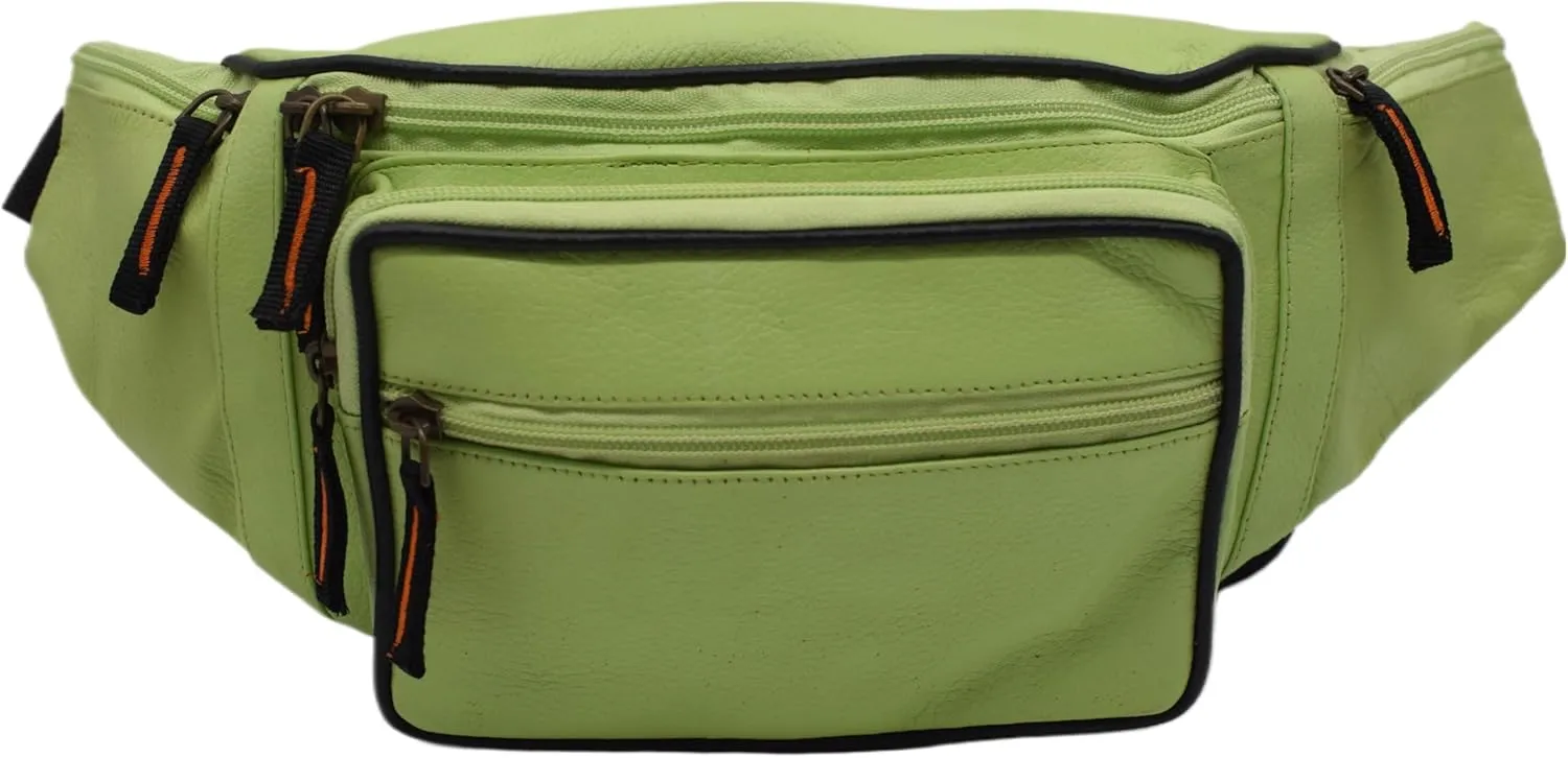 Fanny Pack Waist Bag Genuine Pebbled Leather Travel Hiking Sports Colors (Light Green)