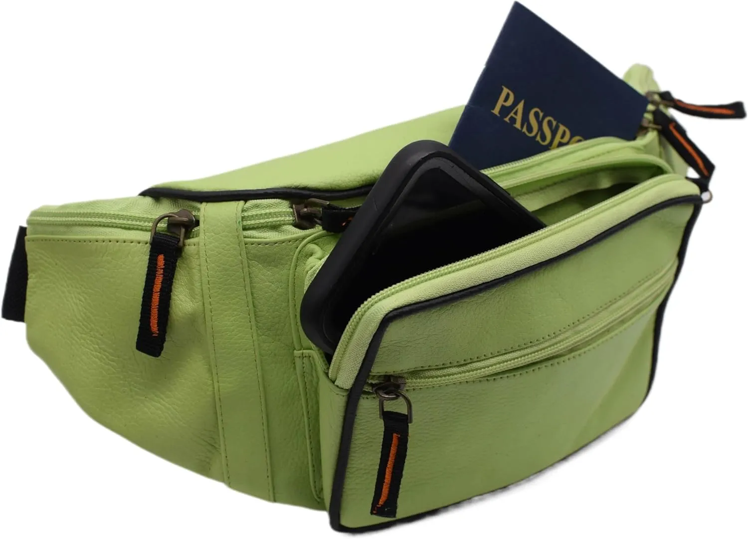 Fanny Pack Waist Bag Genuine Pebbled Leather Travel Hiking Sports Colors (Light Green)