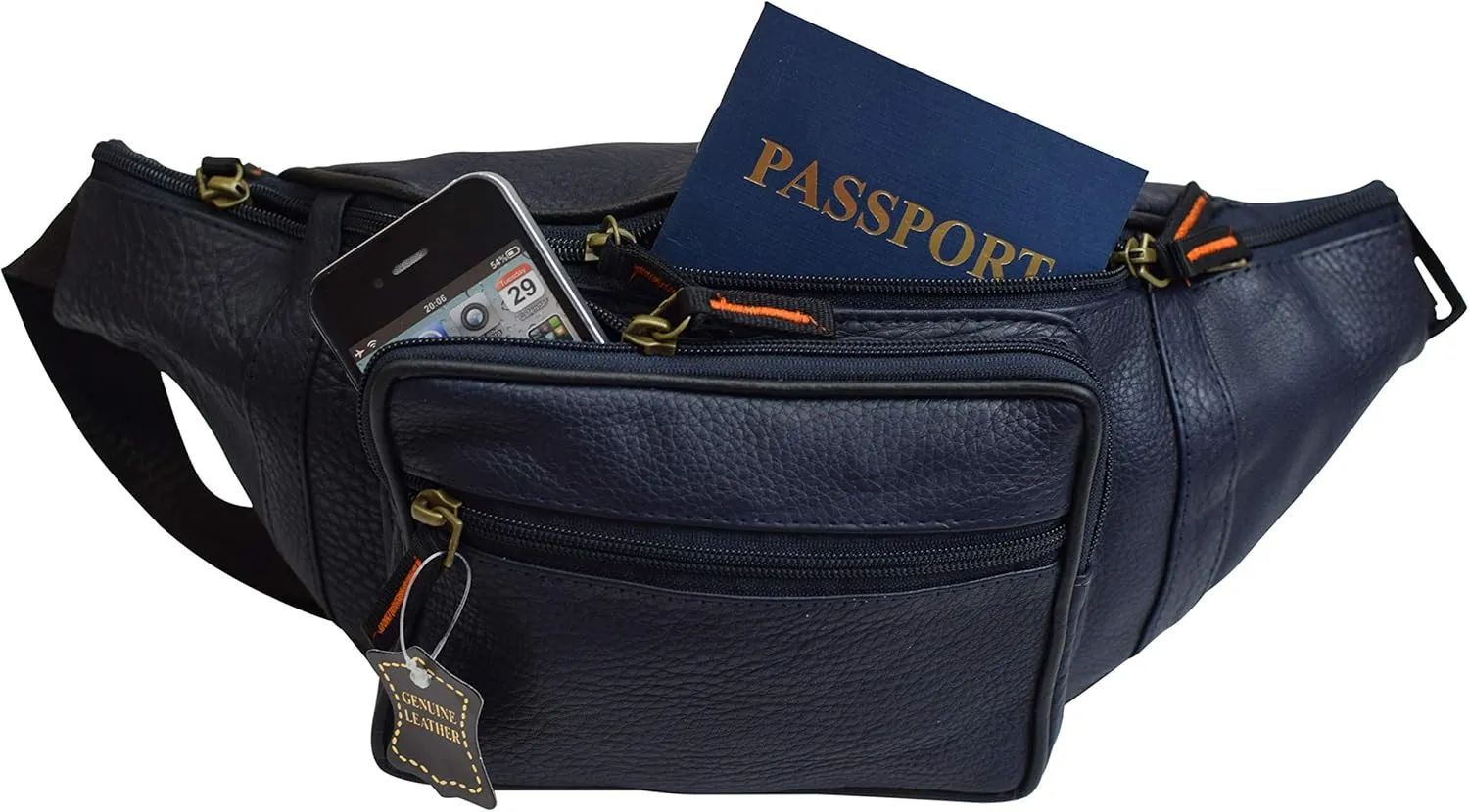 Fanny Pack Waist Bag Genuine Pebbled Leather Travel Hiking Sports Colors (Navy Blue)