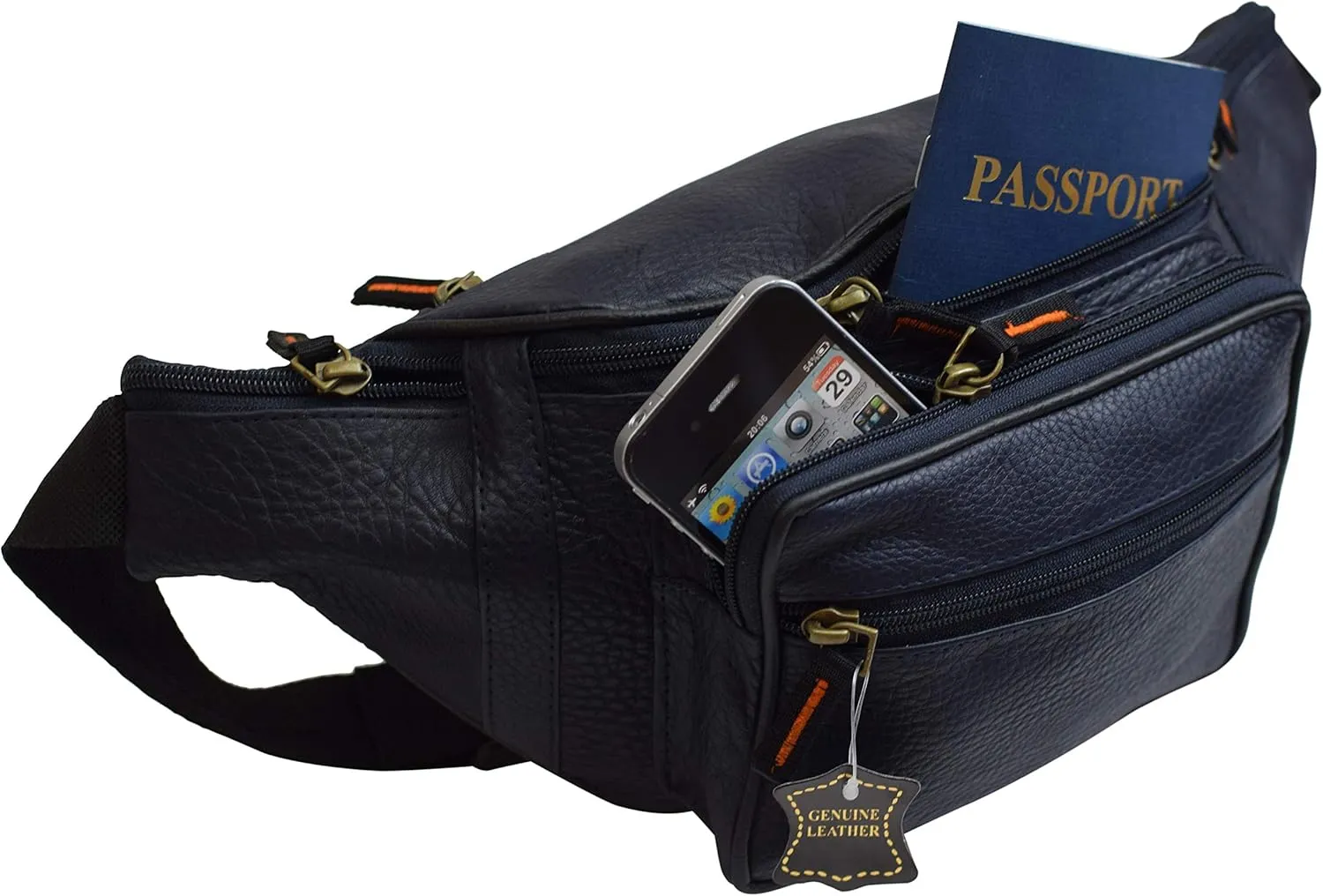 Fanny Pack Waist Bag Genuine Pebbled Leather Travel Hiking Sports Colors (Navy Blue)