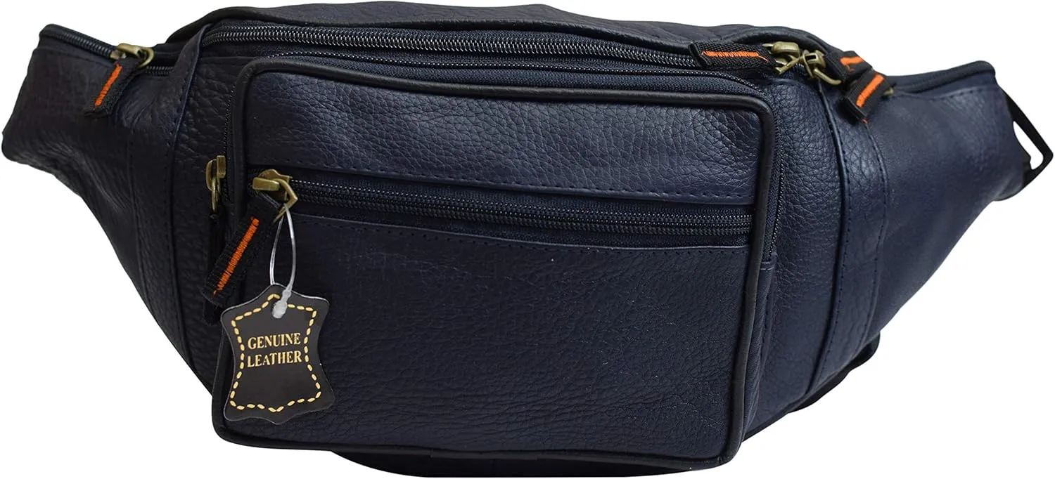 Fanny Pack Waist Bag Genuine Pebbled Leather Travel Hiking Sports Colors (Navy Blue)