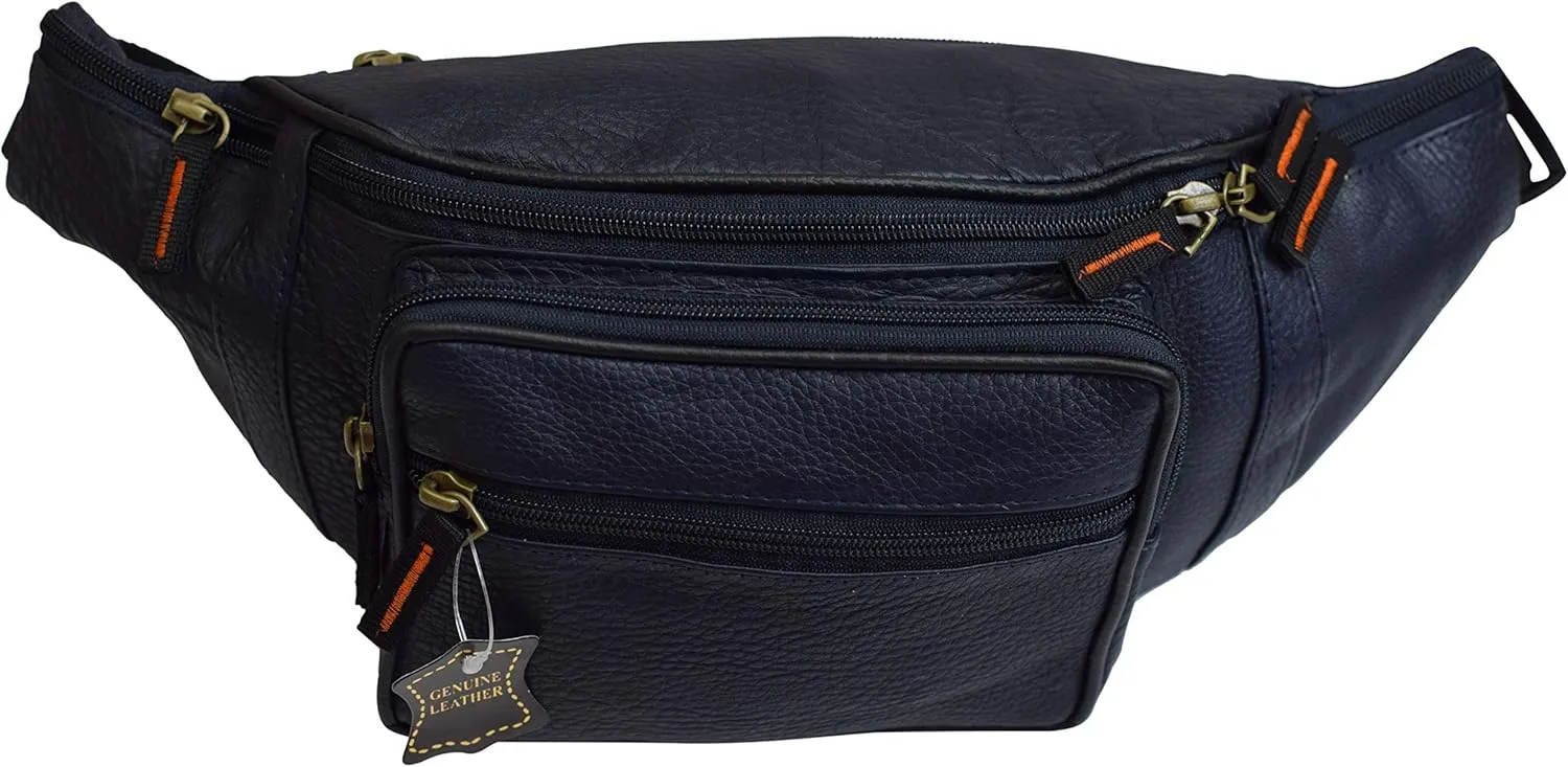 Fanny Pack Waist Bag Genuine Pebbled Leather Travel Hiking Sports Colors (Navy Blue)
