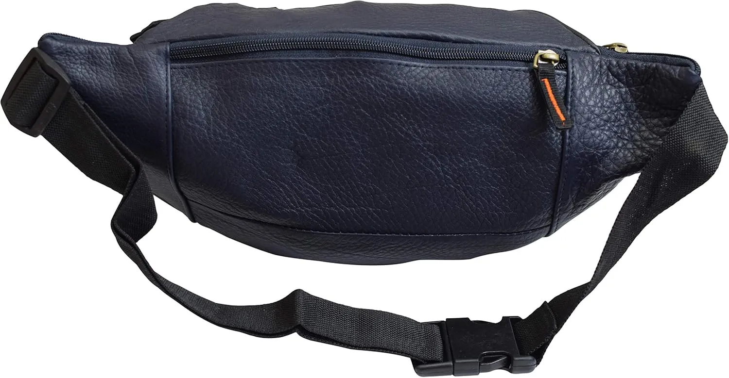 Fanny Pack Waist Bag Genuine Pebbled Leather Travel Hiking Sports Colors (Navy Blue)