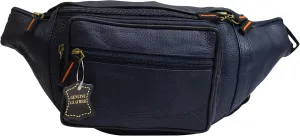 Fanny Pack Waist Bag Genuine Pebbled Leather Travel Hiking Sports Colors (Navy Blue)