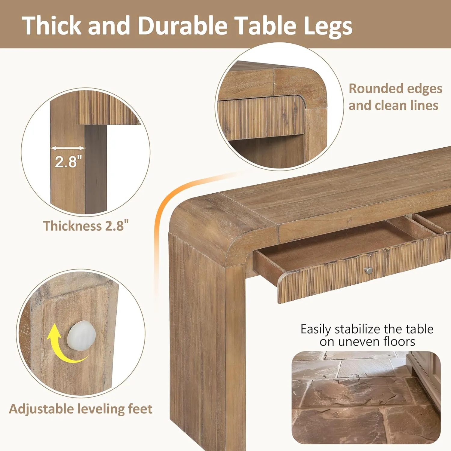 Farmhouse Console Table with 2 Drawers, Entryway Table with Curved Corners and Thick Legs, Sturdy Sofa Table for Entryway, Hallway, Living Room, Natural